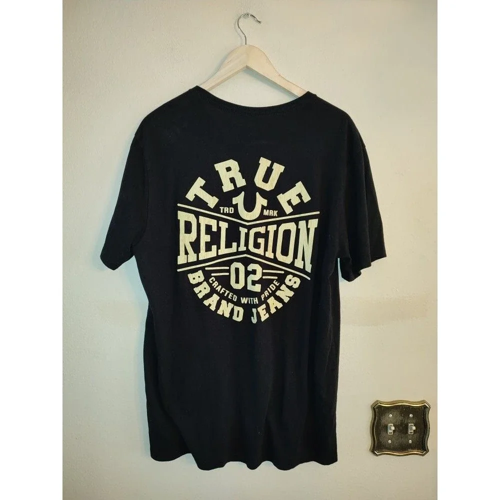 Men's True Religion Black T-Shirt with 3D Print Big Buddha Logo Size XL